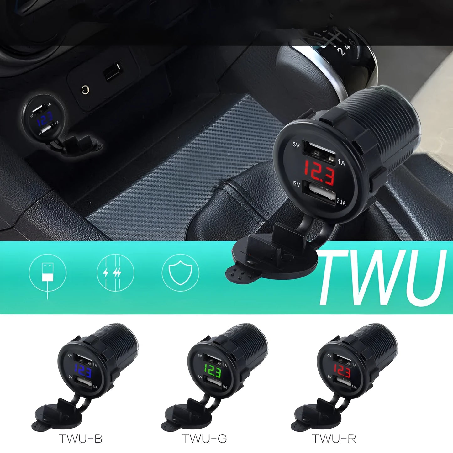 Motorcycle waterproof car charger with USB fast charging port and LED indicator lights