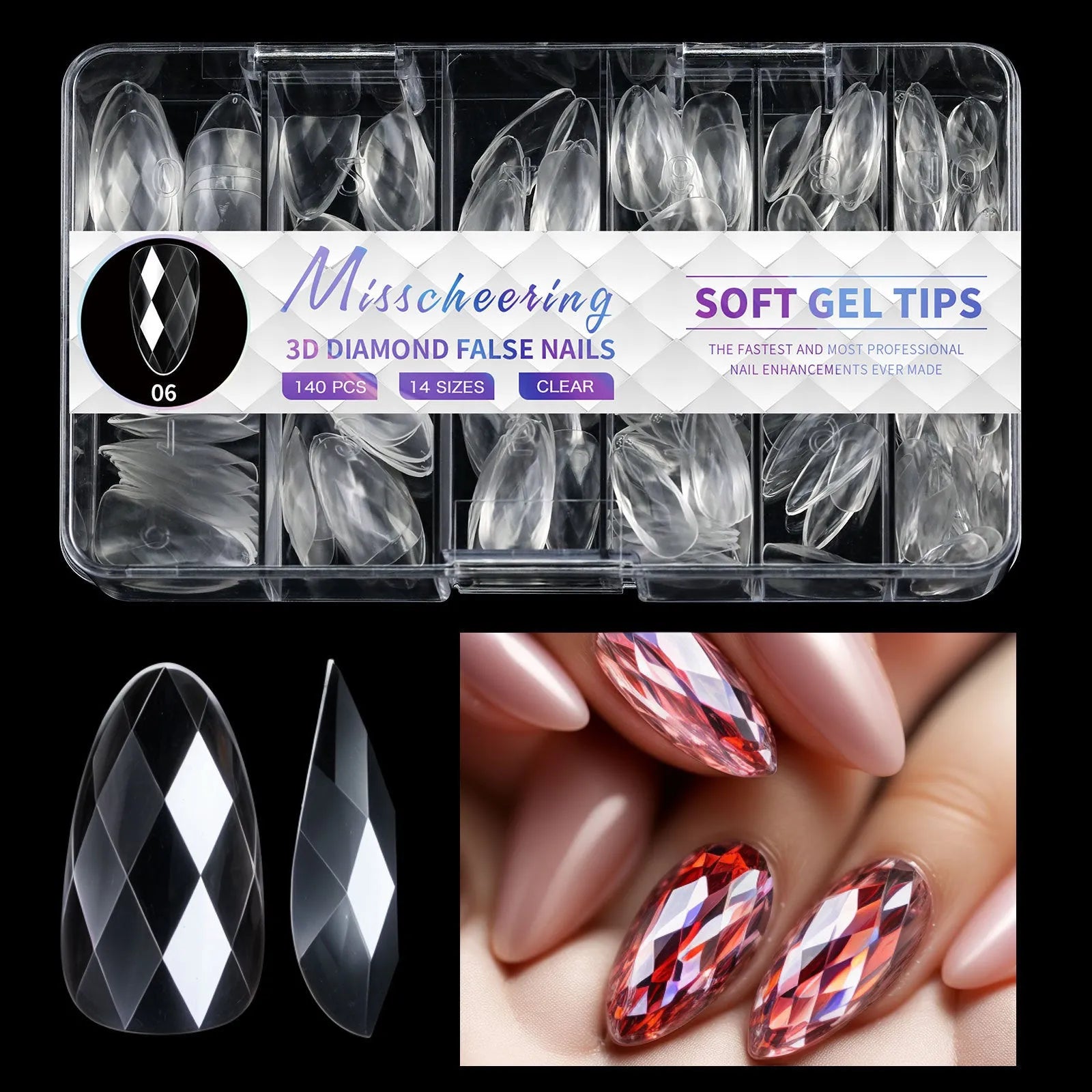 Box of 3D diamond-shaped long false nail tips in a chosen colour from the Diamond Nail range.