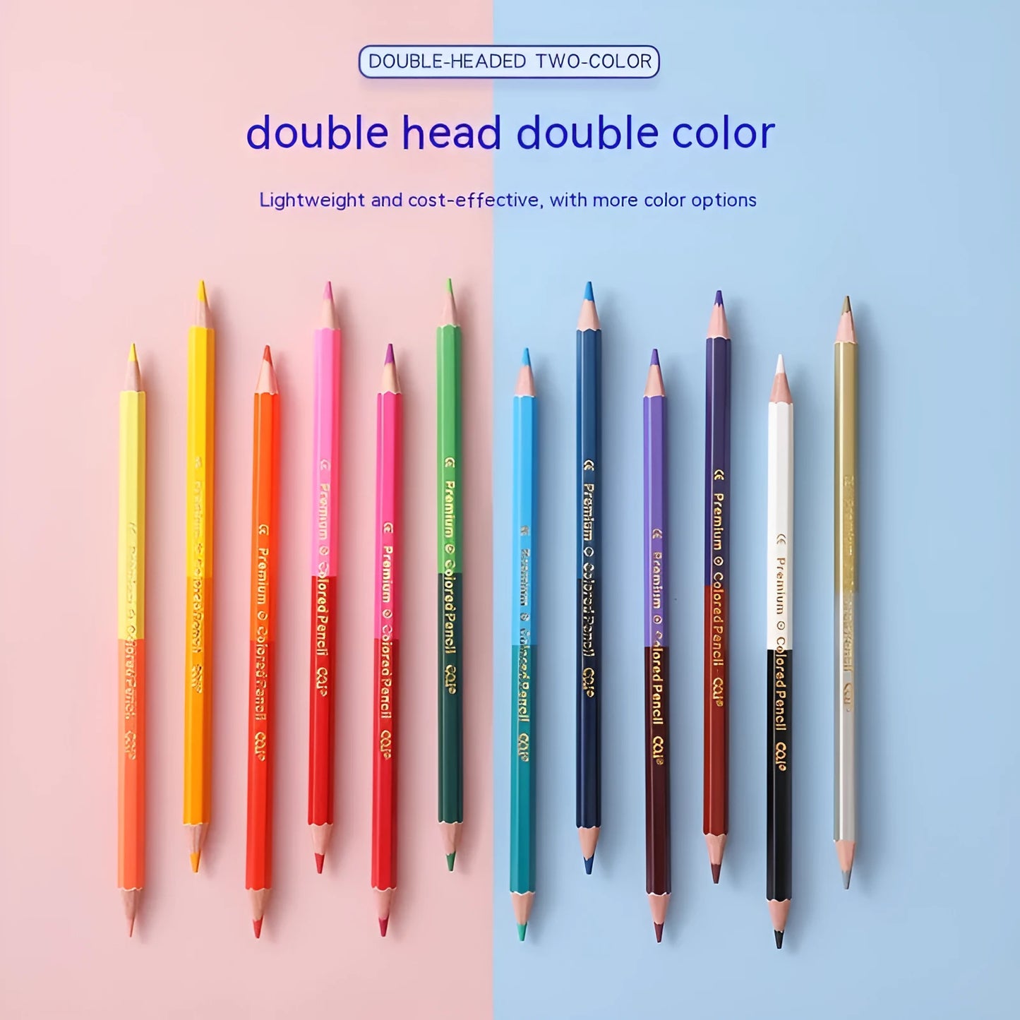 Colour pencil set with double-headed brush design showing wooden pencils in 12 or 24 colour options