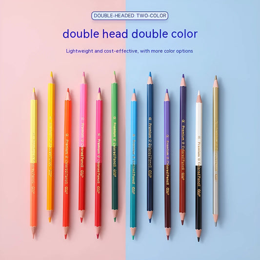 Colour pencil set with double-headed brush design showing wooden pencils in 12 or 24 colour options