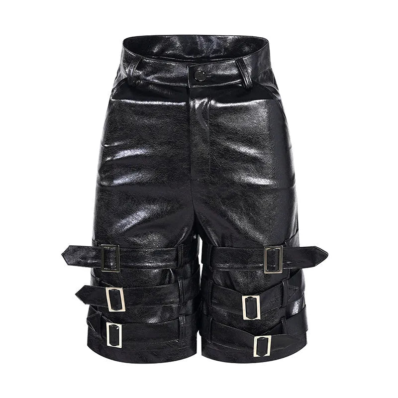 Men's black PU leather cropped pants with medium low waist, made from 100% polycarbaminate fibre, showing front view