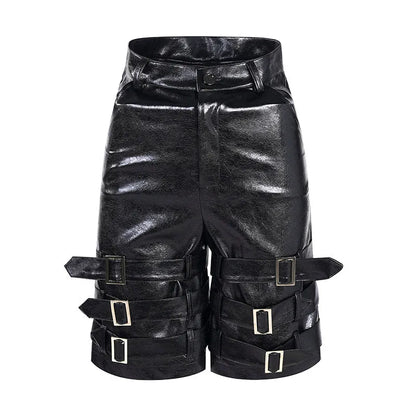Men's black PU leather cropped pants with medium low waist, made from 100% polycarbaminate fibre, showing front view