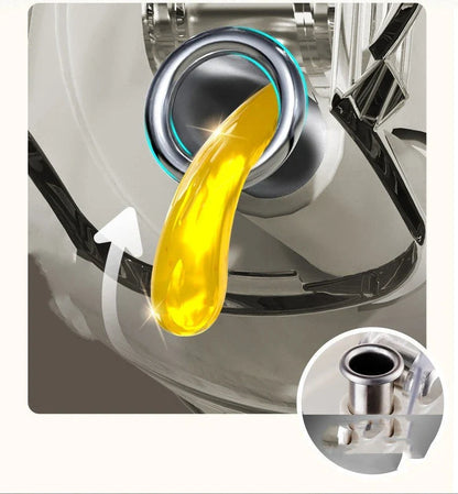 Versatile oil sprayer and pourer made of sturdy soda-lime glass, with automatic opening and closing mechanism for one-handed operation and dual spraying and pouring functions