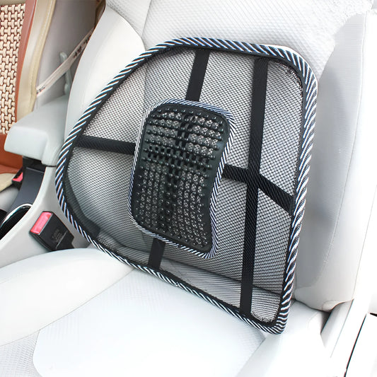 Black car lumbar support pillow with leather nail pattern and ventilation design measuring 41x39cm