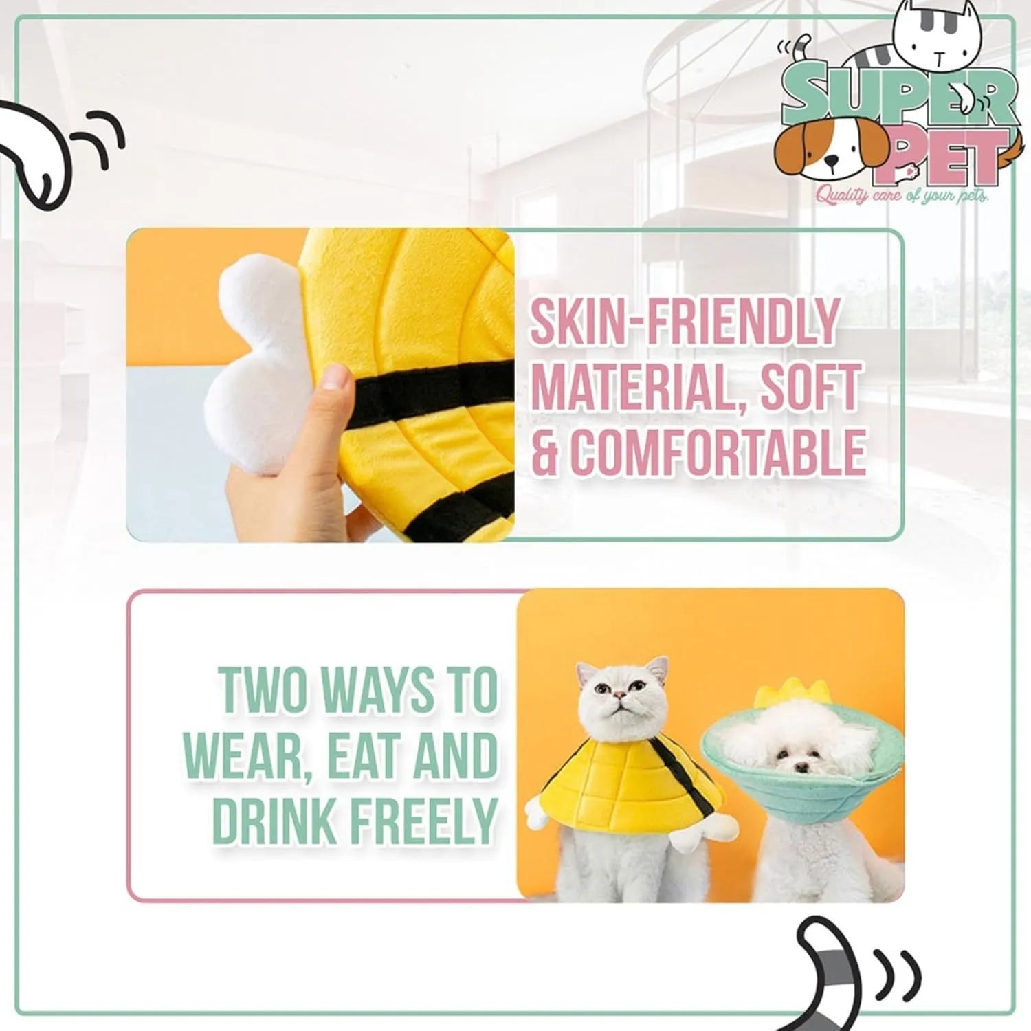 Soft fabric cat cone collar with cute bee design and Velcro closure on a table
