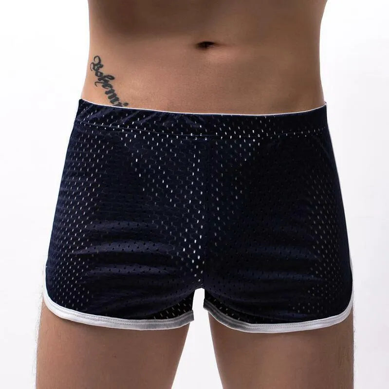 Men's breathable cotton boxers with nylon knitting in black, grey, dark blue, light blue, and white colours, mid-waist fit