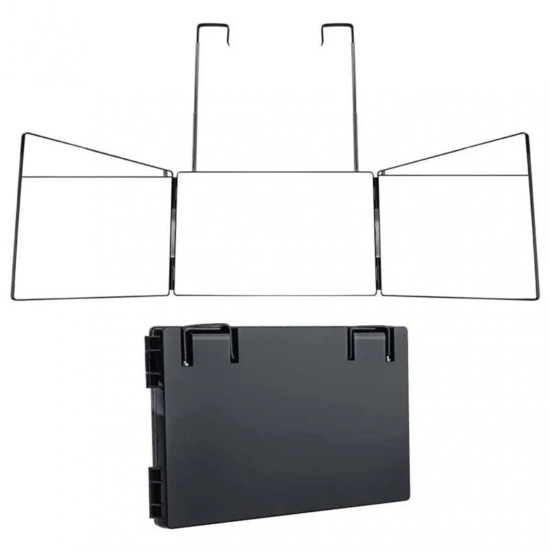Telescopic Hanging Three-sided Folding Makeup Mirror with 360-degree view for DIY haircuts