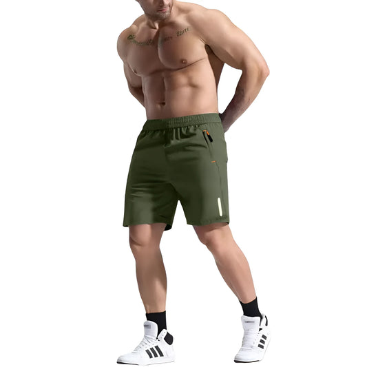 Men's bamboo blend sports shorts in army green with an elastic drawstring waist.
