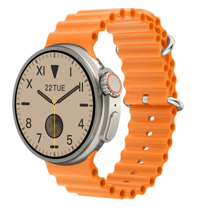K9 smart watch with circular screen and silicone strap showing interface with health metrics