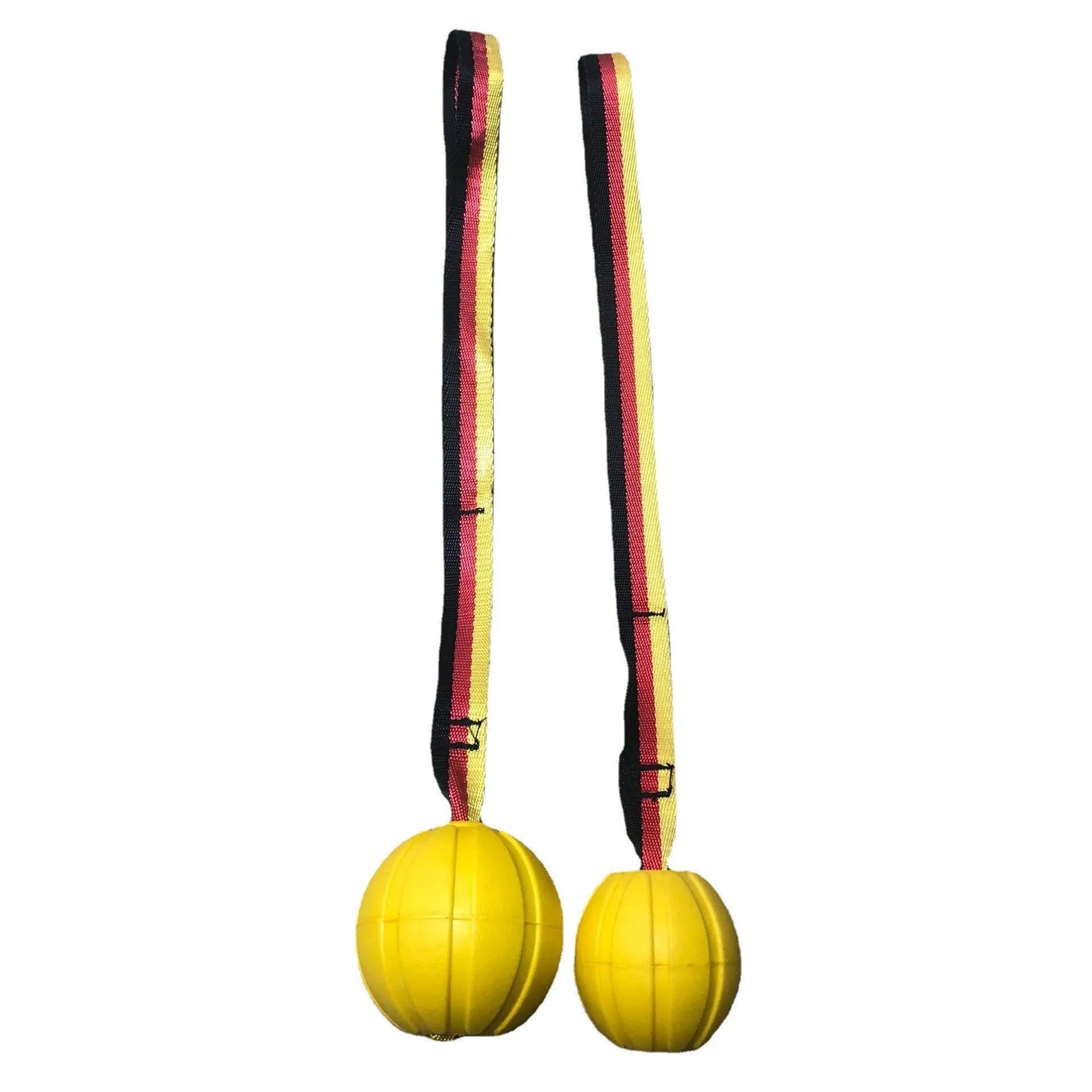 Camouflage and yellow EVA foam floating dog ball with knotted tetherball design.