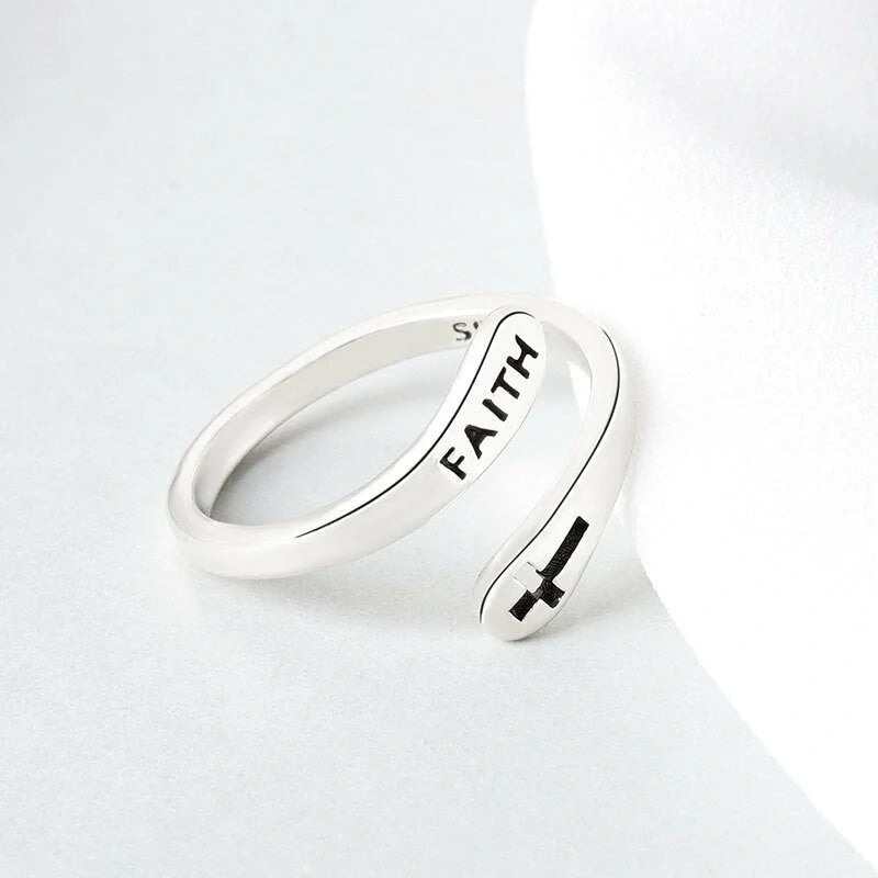 Adjustable Vintage Faith Letter Cross Ring in sterling silver with unique design