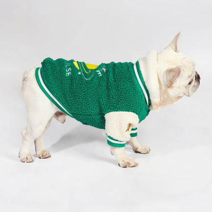 Green cotton dog winter coat with fleece lining, shown in a large size.