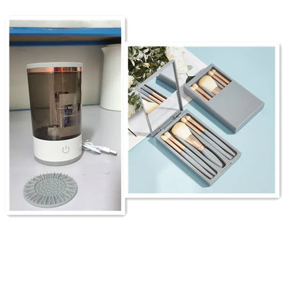 Grey and white portable electric makeup brush cleaner with USB charging cable.