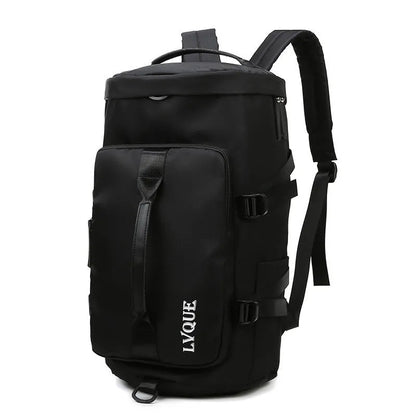 Waterproof nylon convertible gym bag with shoe compartment showing multiple pockets and carrying straps