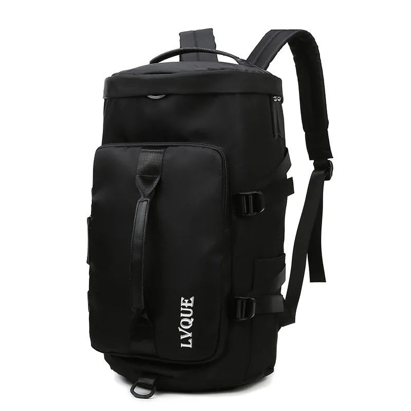 Waterproof gym fitness bag with shoe compartment, convertible 3-in-1 backpack that works as handbag, shoulder bag and backpack for men and women, made from durable nylon with multiple zippered pockets including theft-proof combination lock