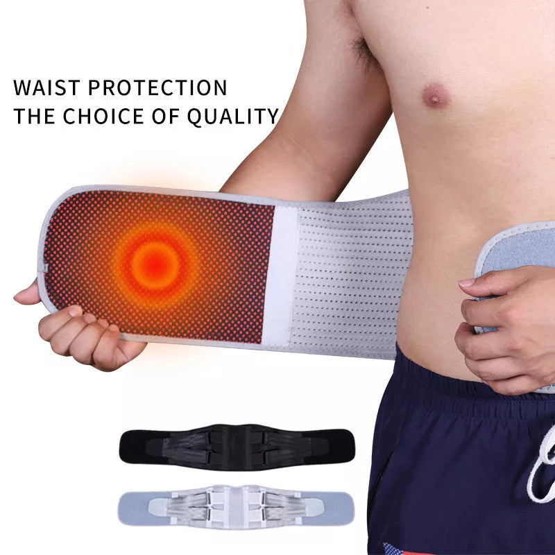 Fitness Belt with Self-Heating Feature for Waist Support in Black and Grey