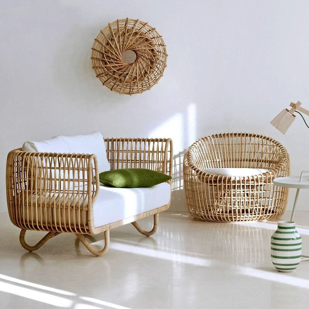 Outdoor woven rattan furniture set with sponge cushions showing chair, sofa, and tea table configuration options