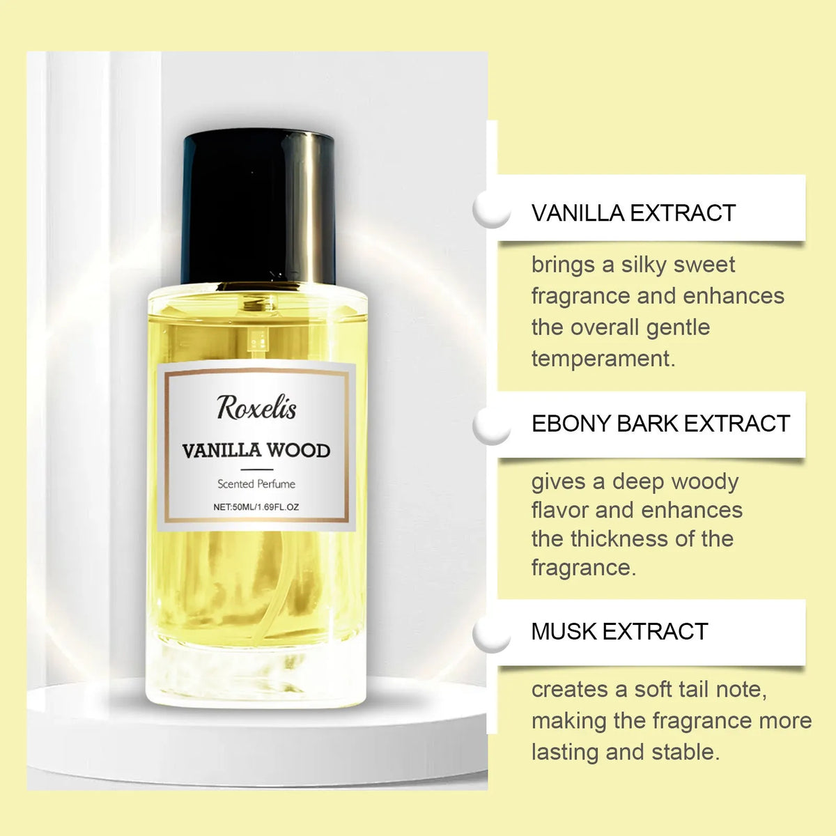 50ml glass spray bottle of vanilla, ebony bark, and musk extract perfume.