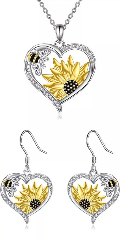 Silver alloy bee sunflower heart fashion earrings with detailed floral and animal motifs