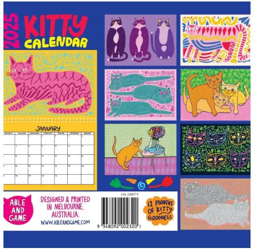Cat-themed paper wall calendar for 2024 or 2025 year, showing monthly grid with feline artwork.