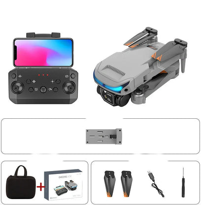 Black foldable drone with dual 4K cameras, unfolded to 18cm with protective covers installed