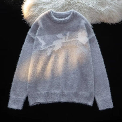 Men's black pullover sweater with flocking horse graphic on chest, long sleeves