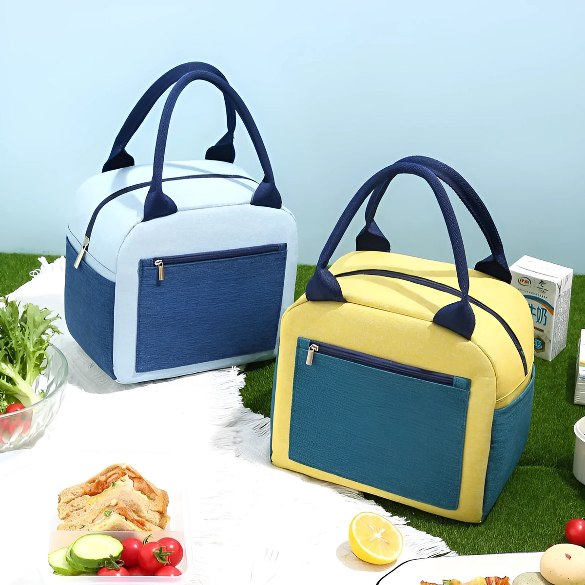 Aluminium foil thickening waterproof lunch insulation bag in blue colour with modern simple design