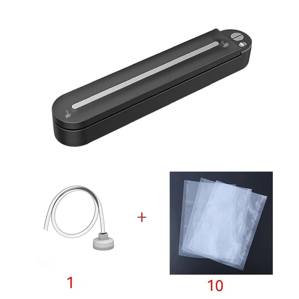 Black household vacuum sealing machine with 90W power, vacuum bags, and external tubes for food preservation