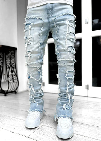 Stylish patched men's jeans with tight, stacked fit and variety of vibrant color options