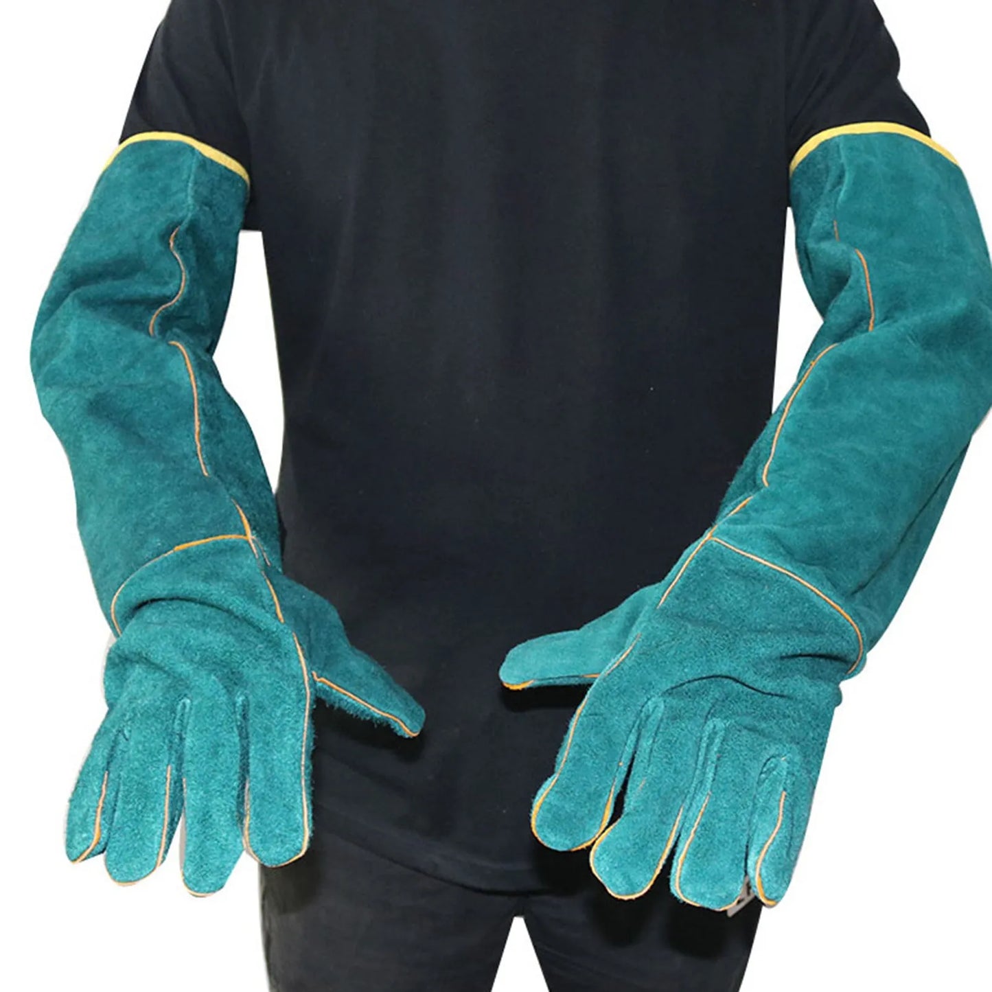 Dark green cowhide leather animal handling gloves with extended sleeve cuffs