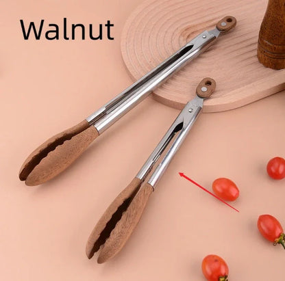 Stainless steel barbecue food tong with wood handle showing clamp mechanism and length measurement