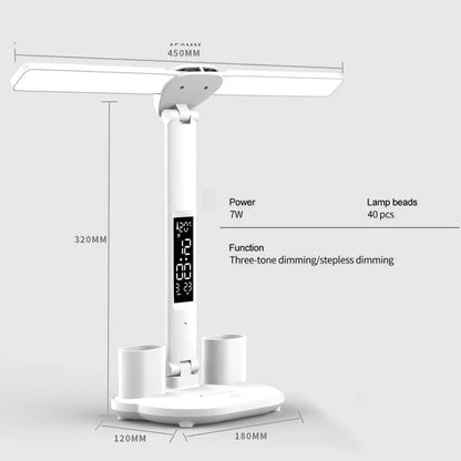 White LED desk lamp with calendar display, touch controls, and integrated pen holder on wooden desk