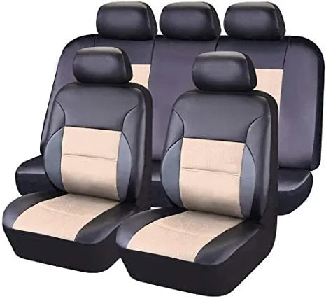 Artificial leather car seat covers in black, showing 9-piece set with headrest and seat protection on a 5-seater car