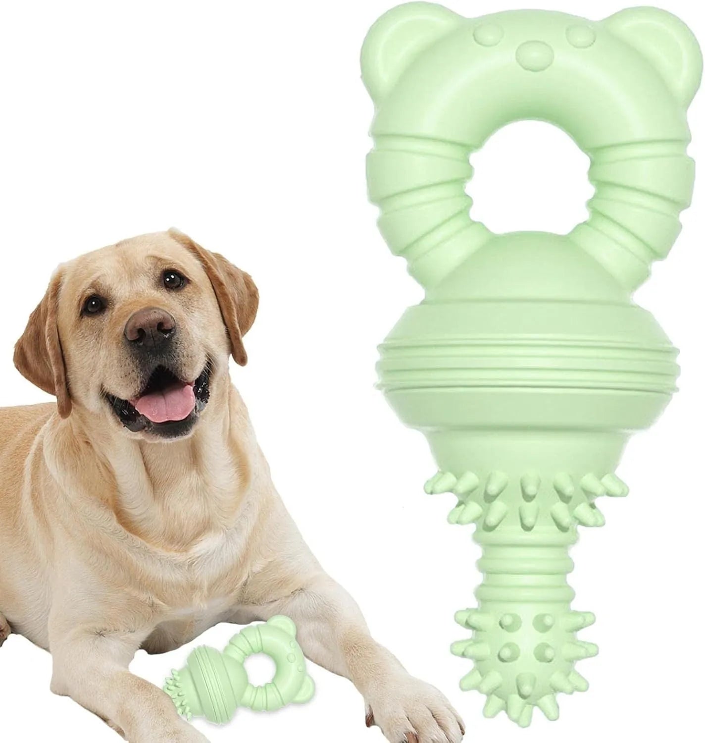 Blue molar clean teeth rubber dog chew toy with concave-convex design and bell, 13.5cm size