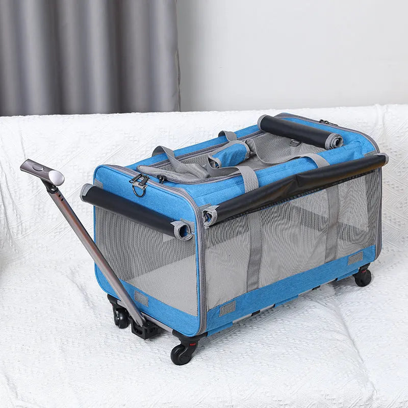 Foldable Oxford fabric pet trolley bag, 17.50kg load rating, shown in solid beige, blue, dark grey, grey and pink