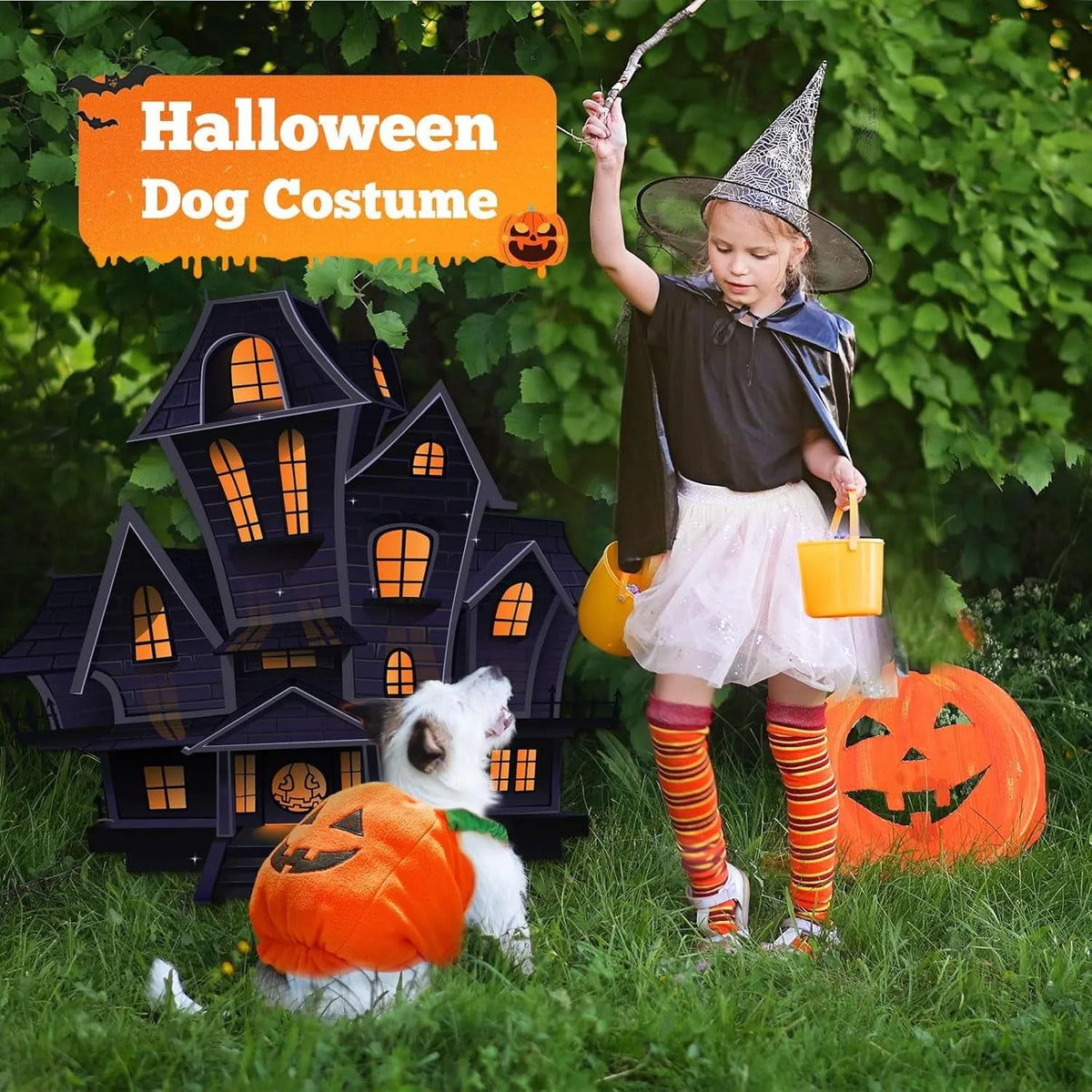 Orange pumpkin plush Halloween costume for a small dog showing pullover design and soft texture.