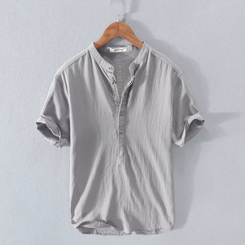Men's Stand Collar Japanese Ice Silk Linen Short Sleeve T-shirt in various colors
