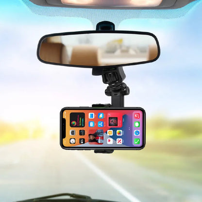 Black and green car phone holder mounted on rear view mirror bracket with AR navigation pillow design