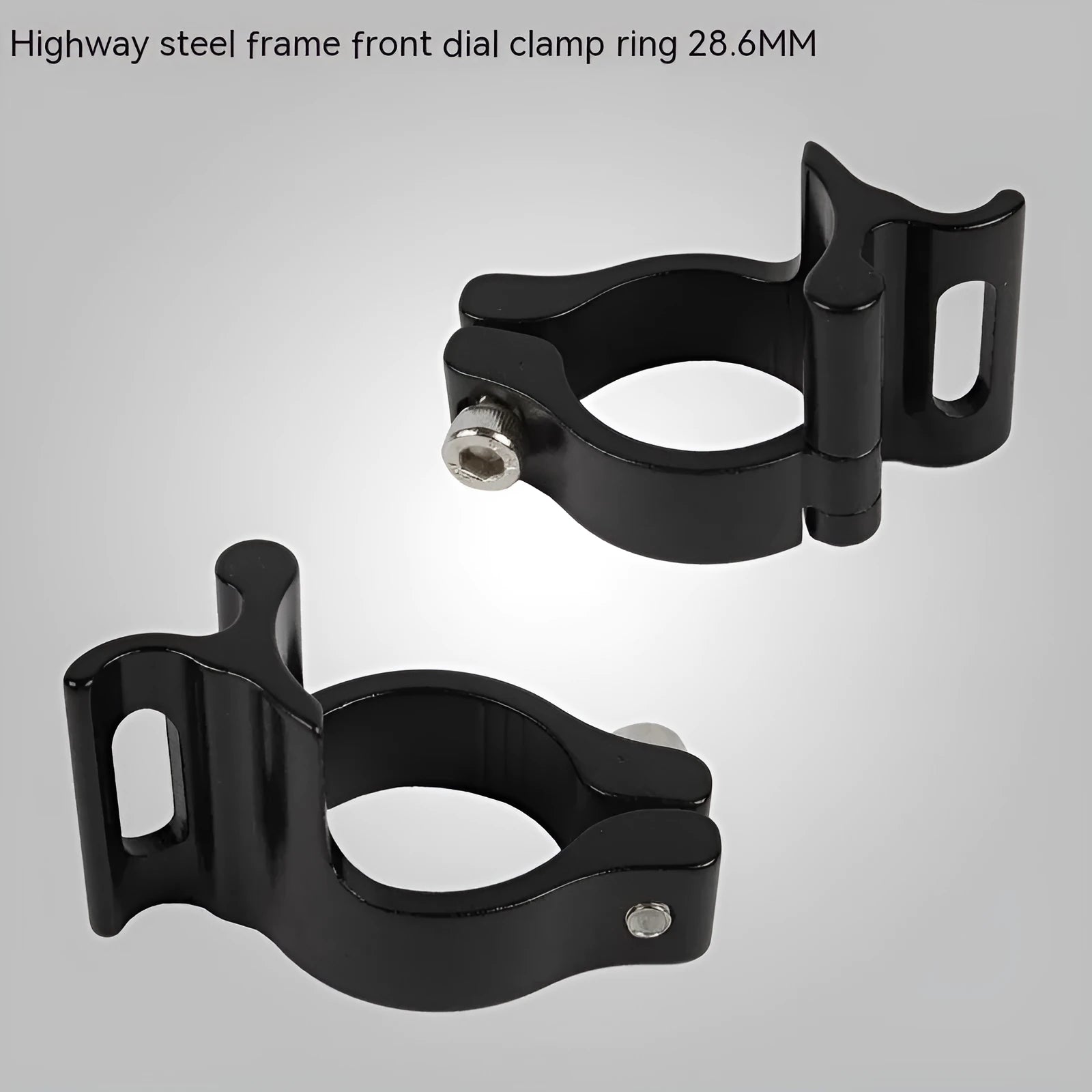 Black aluminium alloy vehicle clamp ring with 28.6mm internal diameter for steel frame mounting