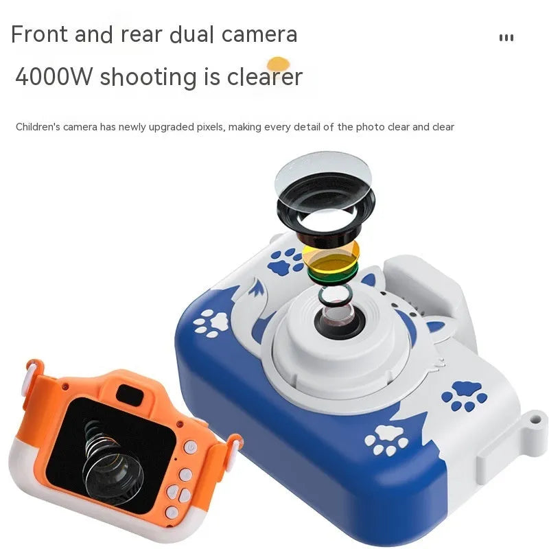 HD cartoon children's digital camera in blue or orange with 2-inch screen and lanyard