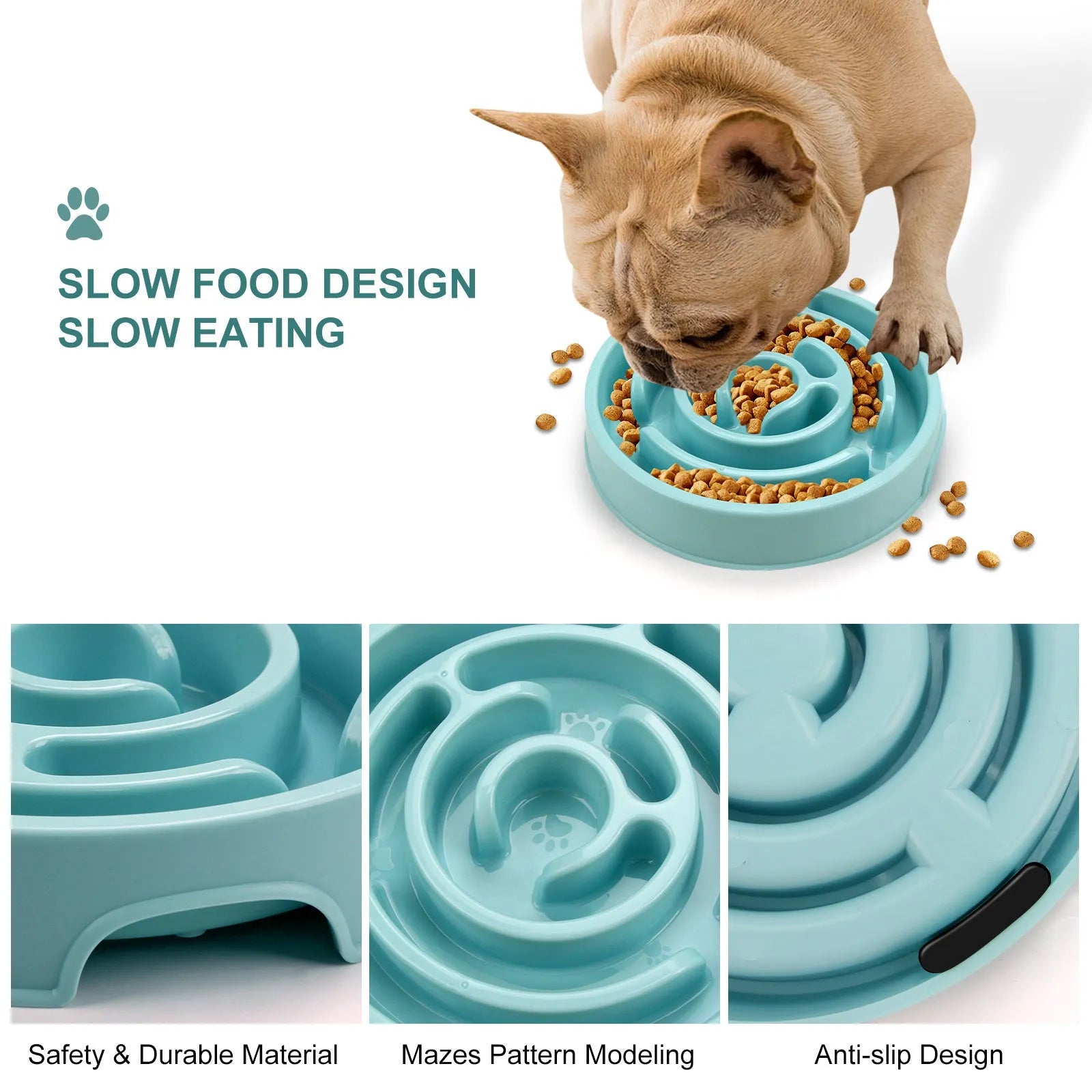 Blue silicone slow feeder dog bowl with labyrinth puzzle design for large breeds
