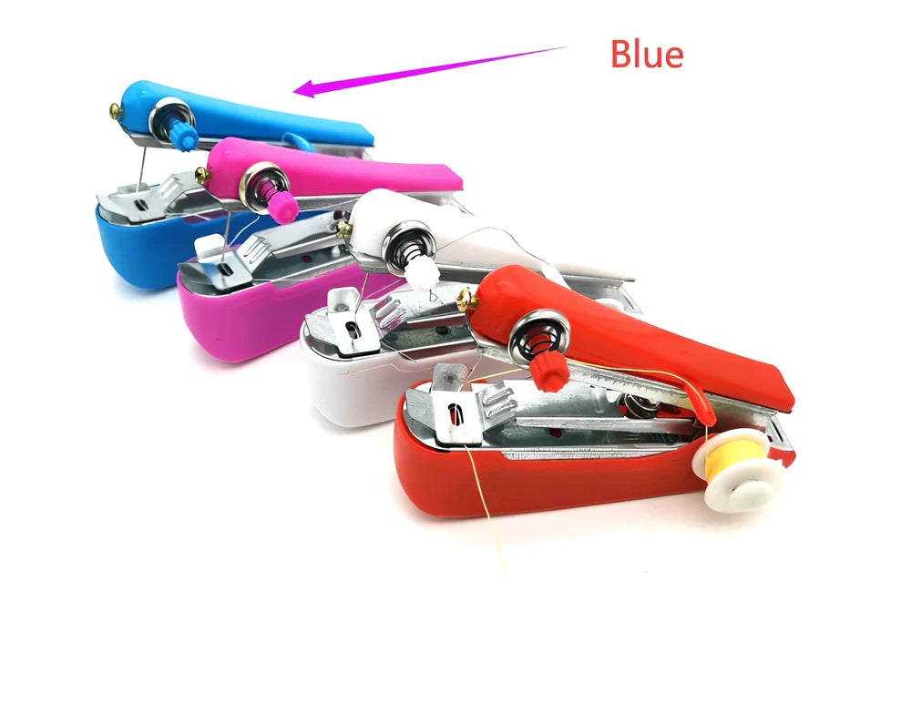 Small blue hand-held manual sewing machine showing stainless steel components and compact 11cm design
