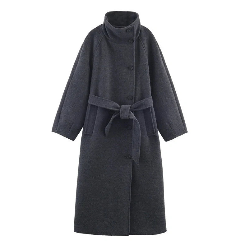 Grey women's stand collar belt overcoat with 100cm lengthened design and medium thickness construction