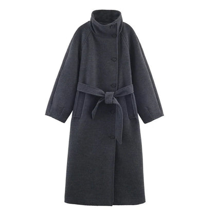 Grey women's stand collar belt overcoat with 100cm lengthened design and medium thickness construction