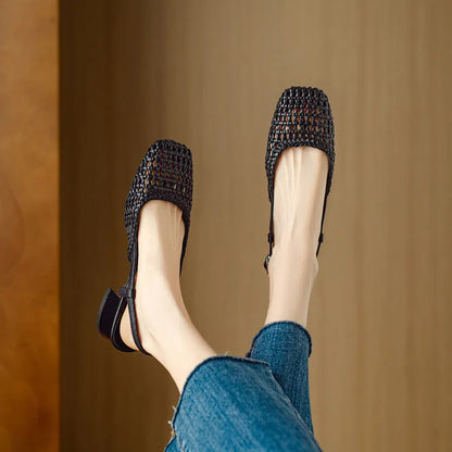 Women's woven hollow-out closed toe sandals with buckle strap and chunky heel