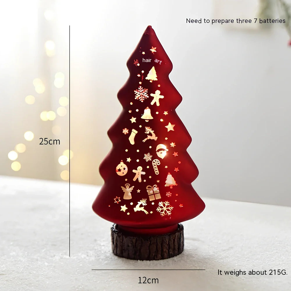 Glass Christmas desktop decoration showing tree, cone, and cup designs in various colours