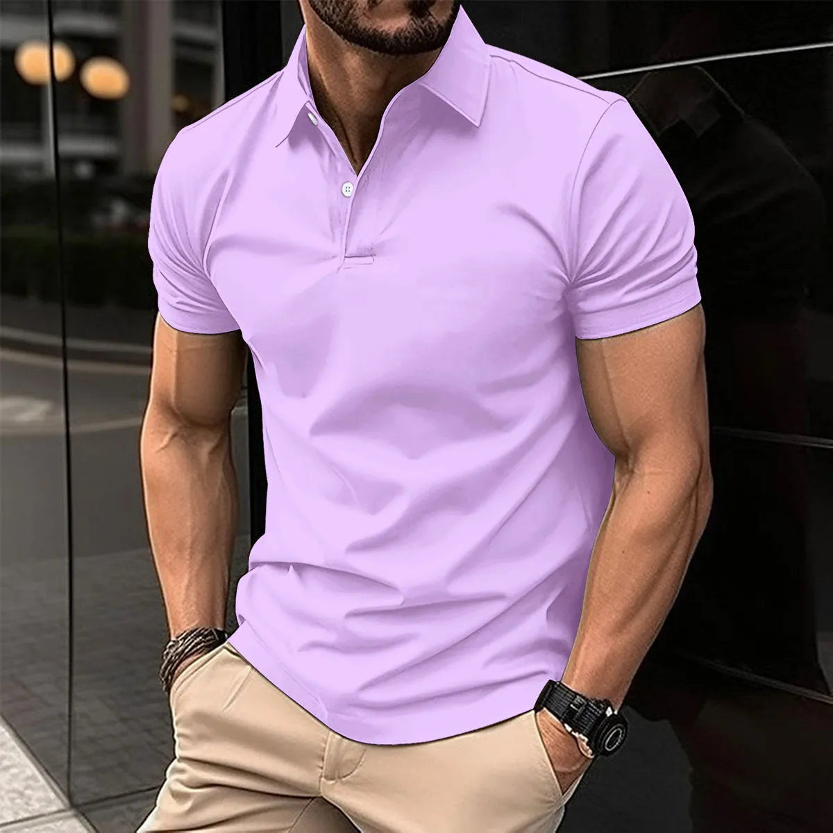 Men's solid colour short sleeve polo shirt with button collar in cotton mix fabric