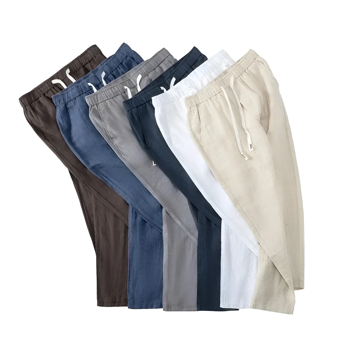 Pure linen Chinese style elastic waist trousers in straight leg cut with drawstring closure