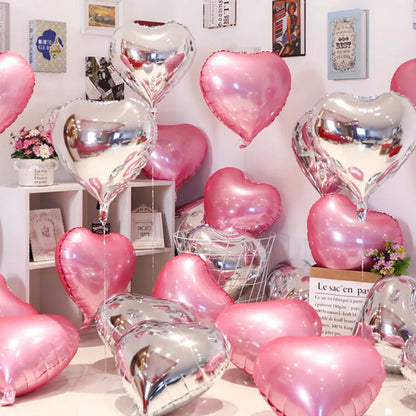 Five peach heart-shaped aluminium foil balloons in metallic colours showing 5-inch size