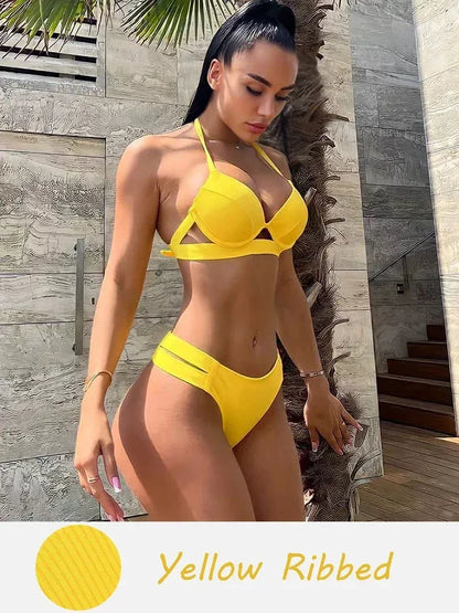 Women's backless bikini set in polyester, available in yellow, red, black, and leopard print